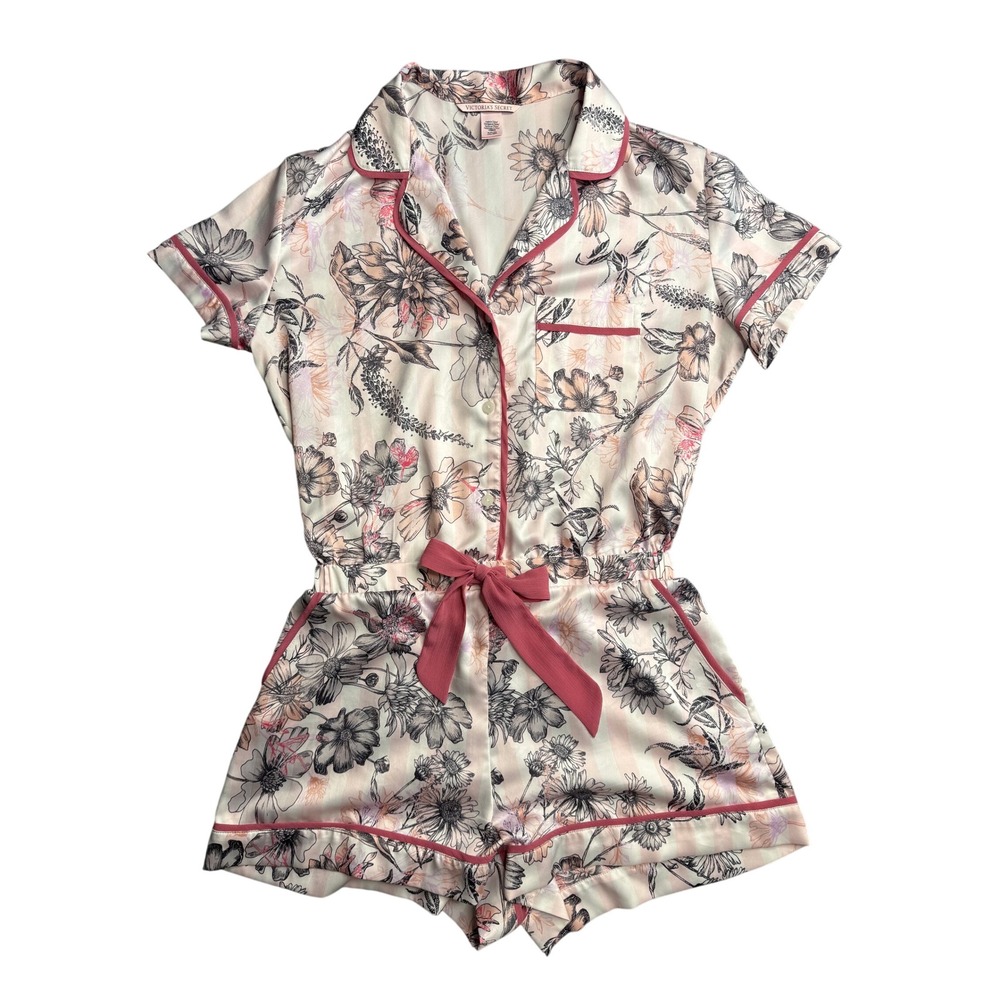 Victoria's Secret Satin Floral Striped Romper Pajama Teddy Pink S